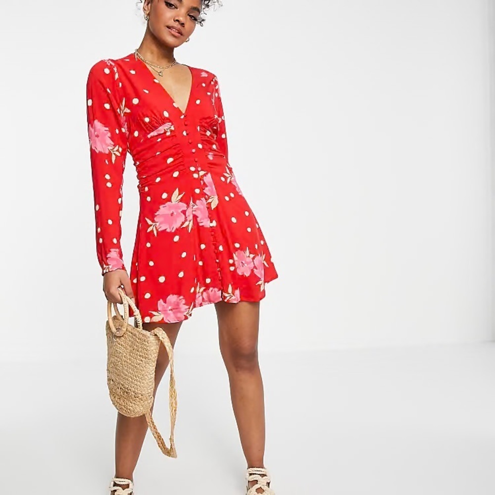 Free People Red Floral Long Sleeve Dress